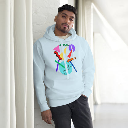 Retro Pop Memphis Hoodie with colorful geometric abstract design – unisex streetwear by Hipyfi Clothes & Design. sky-blue-front