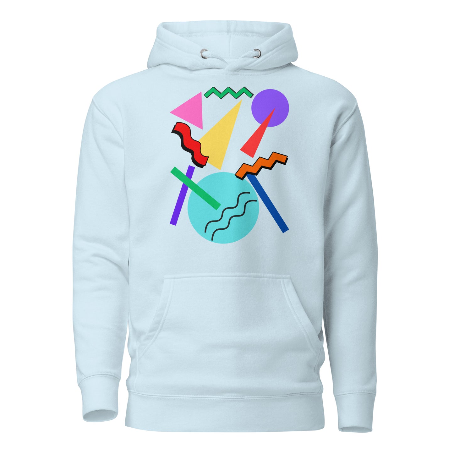 Retro Pop Memphis Hoodie with colorful geometric abstract design – unisex streetwear by Hipyfi Clothes & Design. sky-blue-front-2