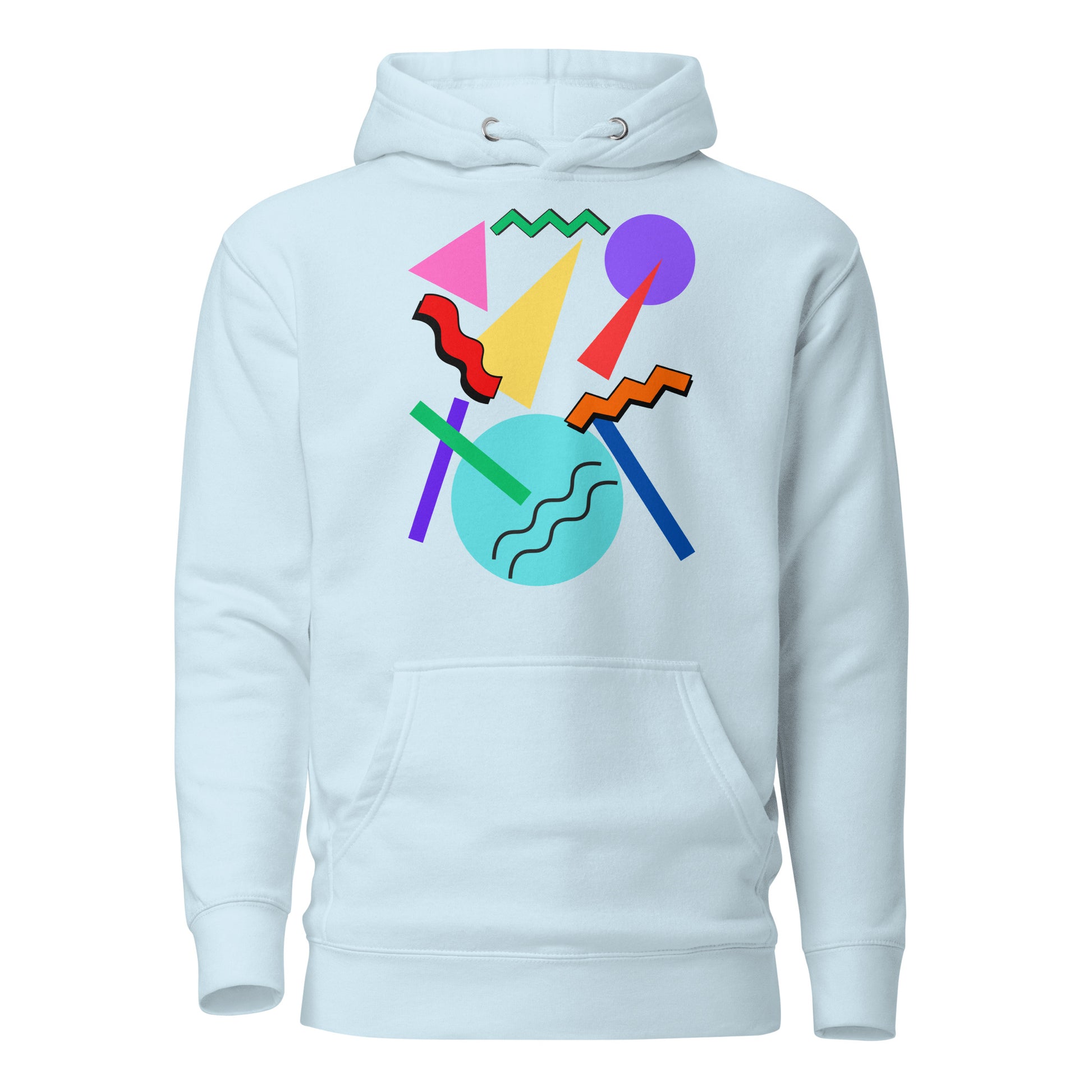 Retro Pop Memphis Hoodie with colorful geometric abstract design – unisex streetwear by Hipyfi Clothes & Design. sky-blue-front-2