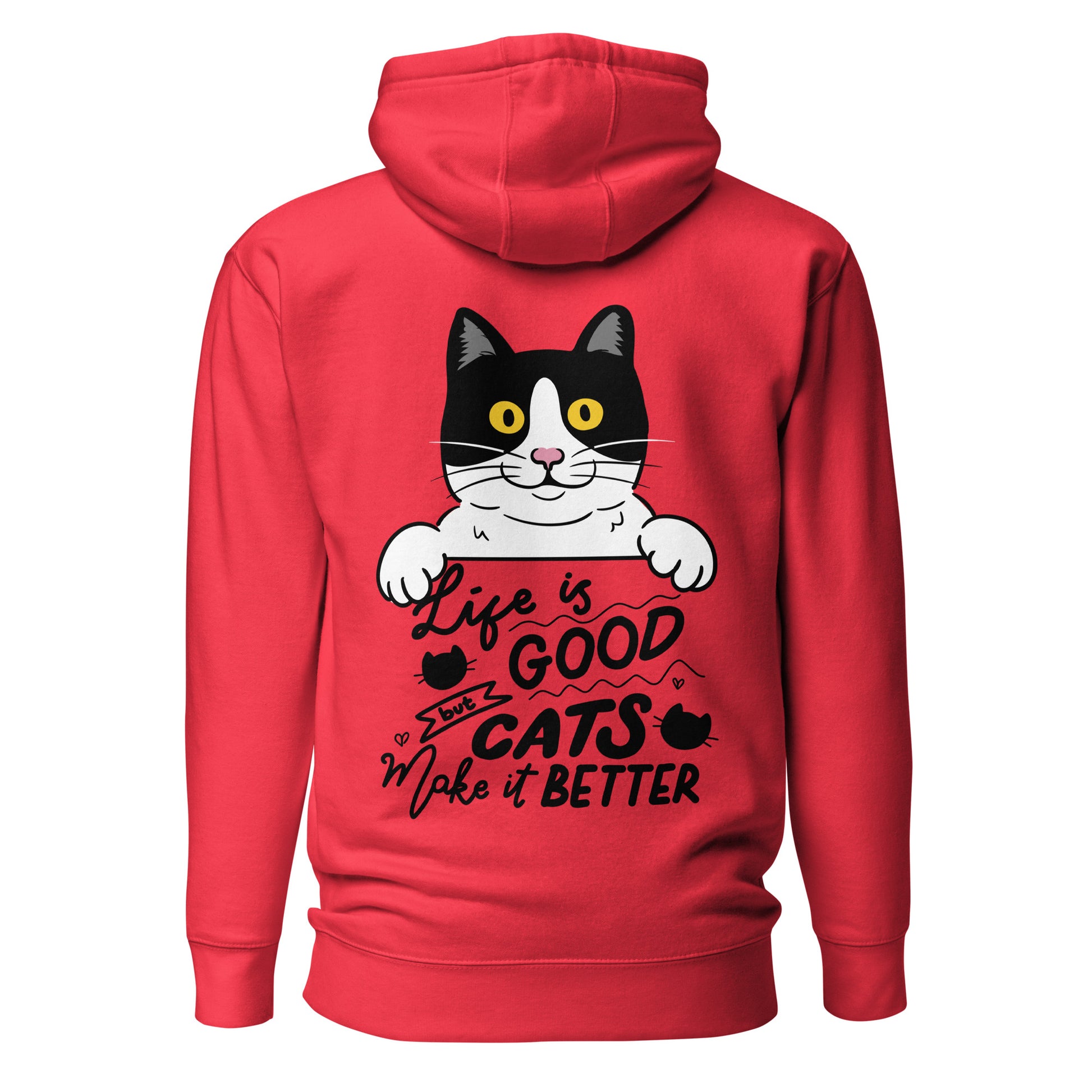 Unisex premium cat hoodie with cartoon black-and-white cat and “Life is Better With Cats” quote – Hipyfi Clothes & Design. team-red-back-2