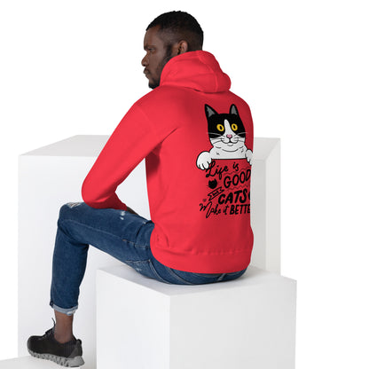 Unisex premium cat hoodie with cartoon black-and-white cat and “Life is Better With Cats” quote – Hipyfi Clothes & Design. team-red-back