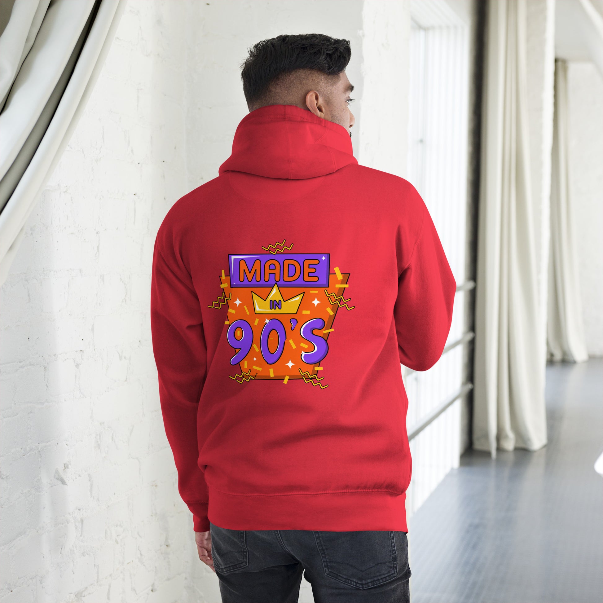 Back to 90s retro unisex graphic hoodie with colorful vintage design – Hipyfi Clothes & Design. team-red-back