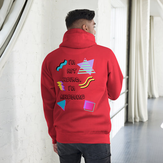 Unisex retro graphic hoodie with 80s abstract design and 'I'm not weird I'm awesome' slogan – Hipyfi Clothes & Design. team-red-back