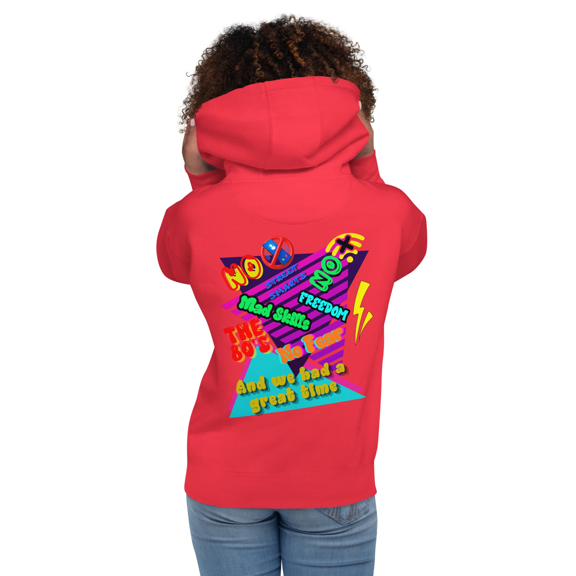 Unisex retro 80s graffiti hoodie with neon colors and streetwear design by Hipyfi Clothes & Design team-red-back
