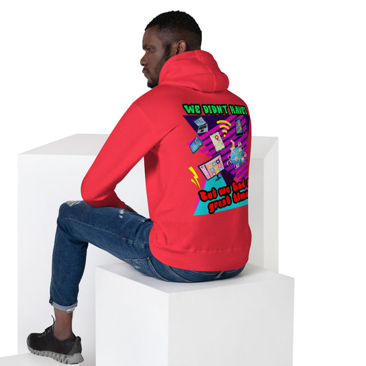 Unisex 80s retro hoodie with bold neon graphic and “Don’t Blame Me, The 80s Made Me” text – Hipyfi streetwear style. team-red-back