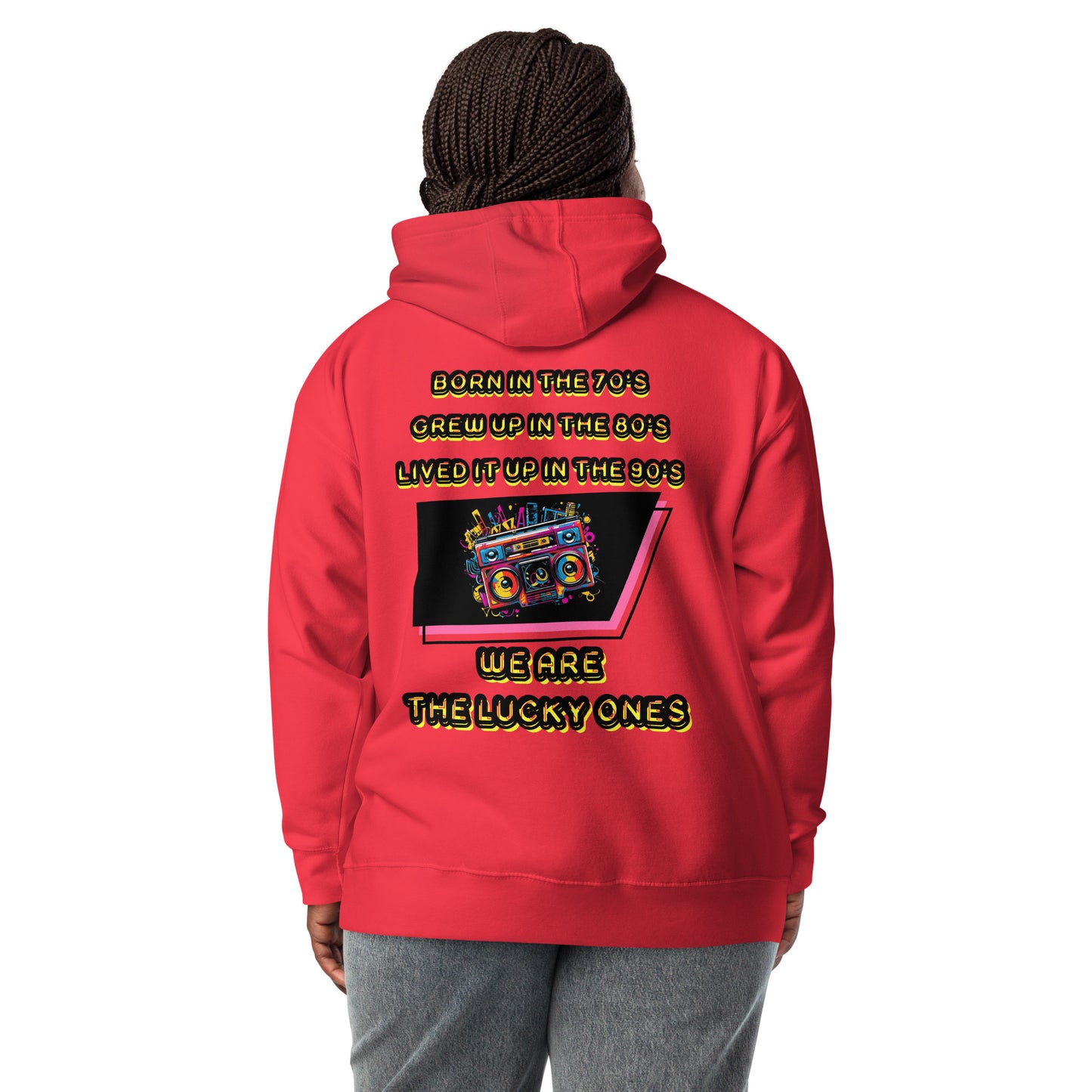 Retro graphic unisex hoodie with 70s 80s 90s boombox design by Hipyfi – vintage streetwear style. team-red-back
