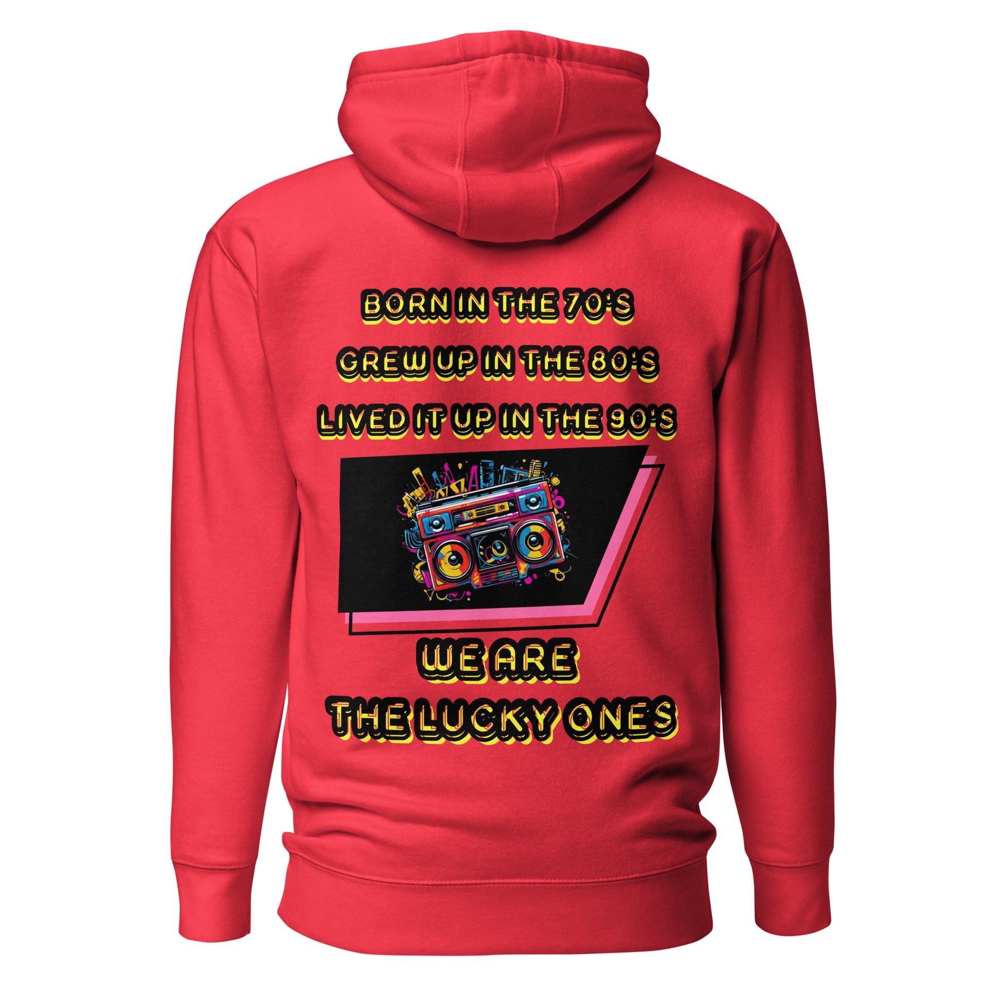 Retro graphic unisex hoodie with 70s 80s 90s boombox design by Hipyfi – vintage streetwear style. team-red-back-2