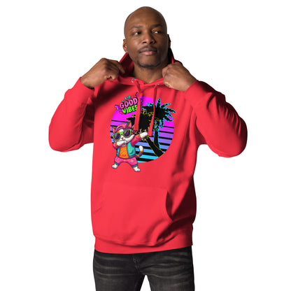 Unisex retro neon graphic hoodie with dabbing cat and Good Vibes text – Hipyfi streetwear. team-red-front