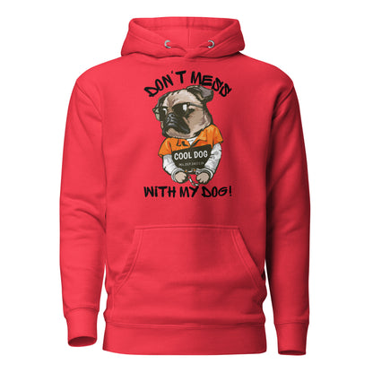 Funny pug mugshot graphic on unisex streetwear hoodie – Cool Dog design by Hipyfi Clothes & Design. team-red-front-2