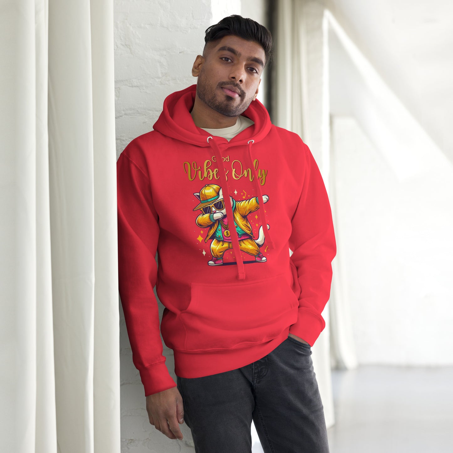 Unisex Good Vibes Cat Hoodie featuring a dabbing cat in hip-hop streetwear – premium graphic hoodie by Hipyfi Clothes & Design. team-red-front