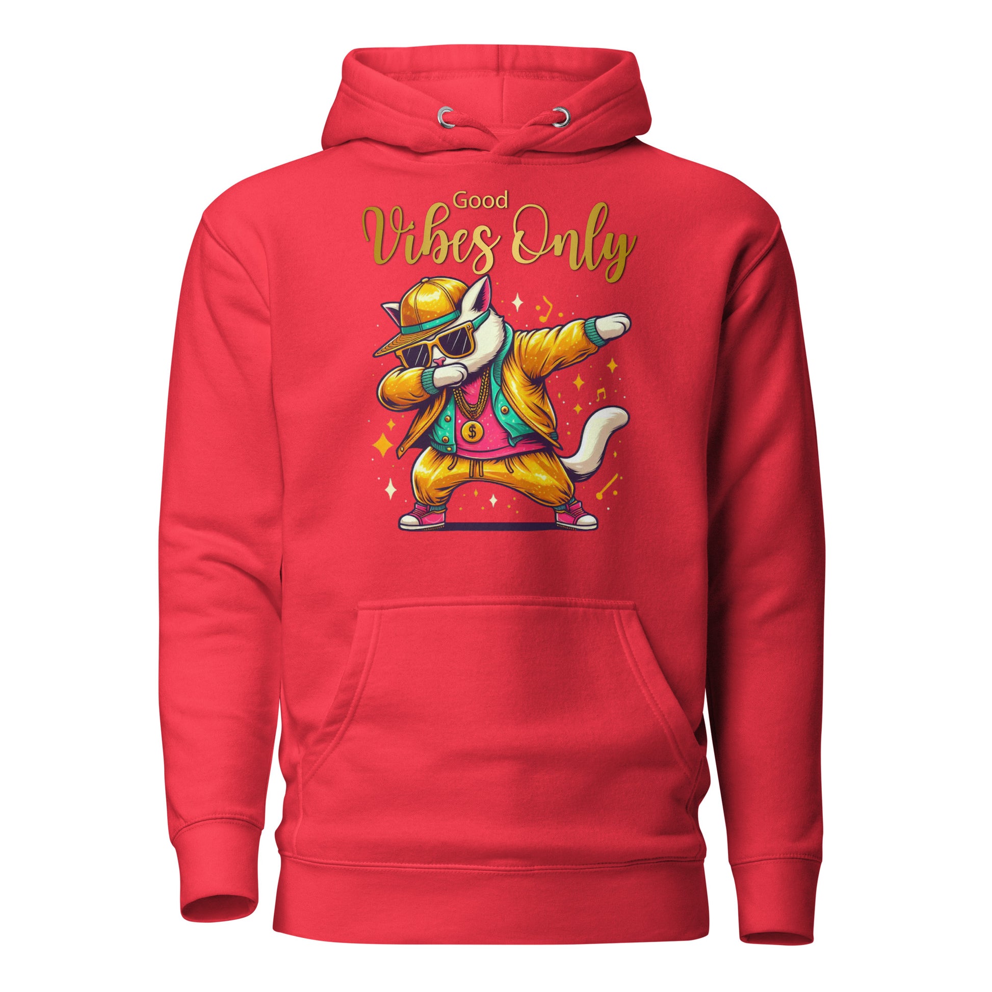 Unisex Good Vibes Cat Hoodie featuring a dabbing cat in hip-hop streetwear – premium graphic hoodie by Hipyfi Clothes & Design. team-red-front-2