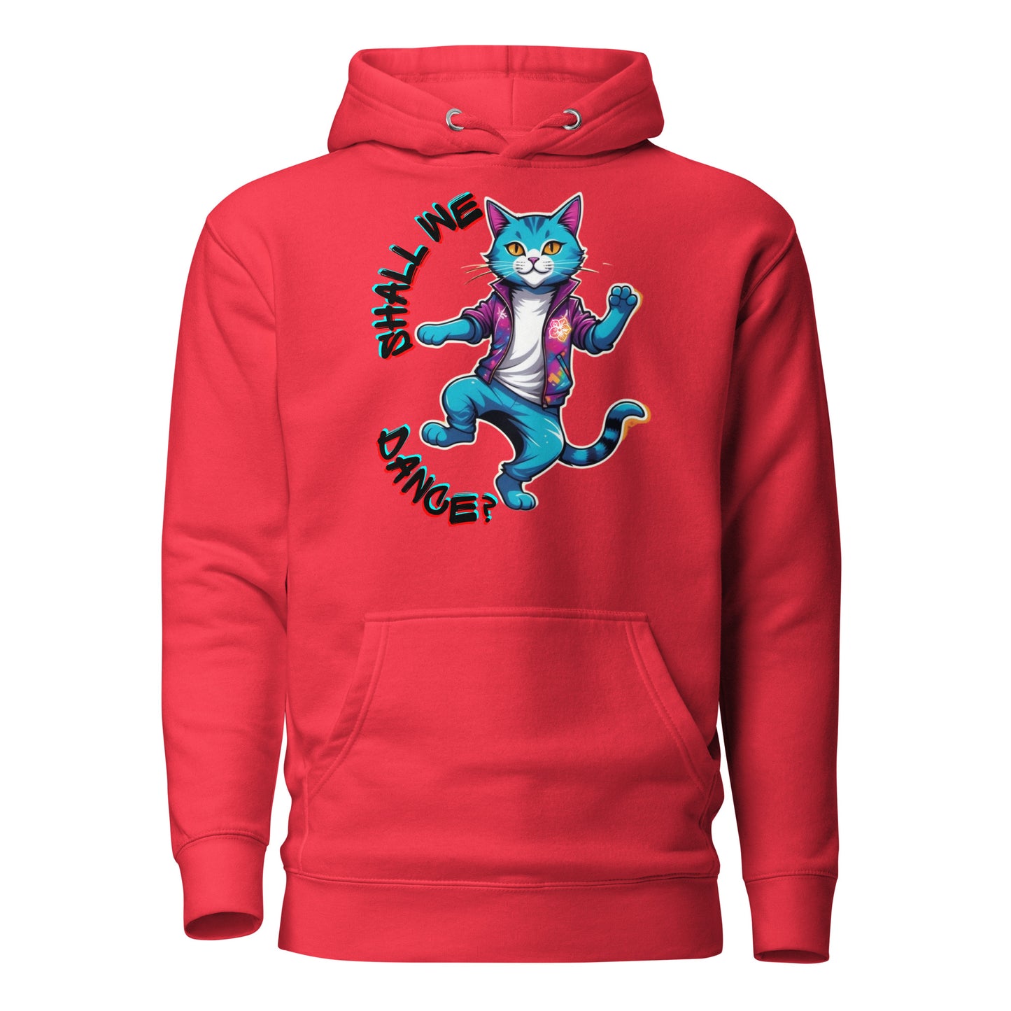 Hipyfi Unisex Premium Hoodie with Vibrant Dance Cat Graphic - Streetwear Style, Soft Cotton Blend, Front Pouch Pocket and Cozy Hood. team-red-front-2