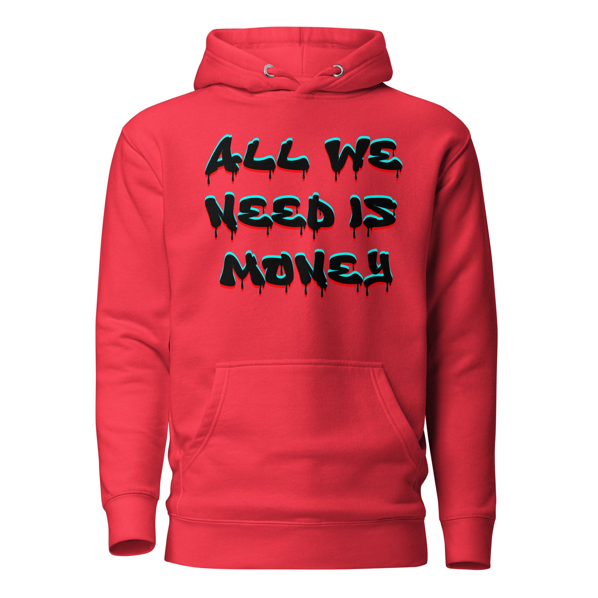 Unisex graffiti hoodie with 3D dripping text – ALL WE NEED IS MONEY design by Hipyfi Clothes & Design. team-red-front-2