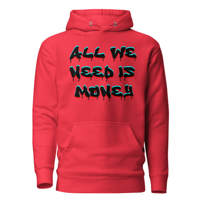 Unisex graffiti hoodie with 3D dripping text – ALL WE NEED IS MONEY design by Hipyfi Clothes & Design. team-red-front-2