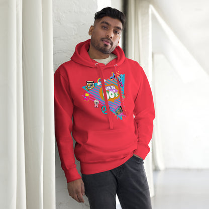 Back to 90s retro unisex graphic hoodie with colorful vintage design – Hipyfi Clothes & Design. team-red-front