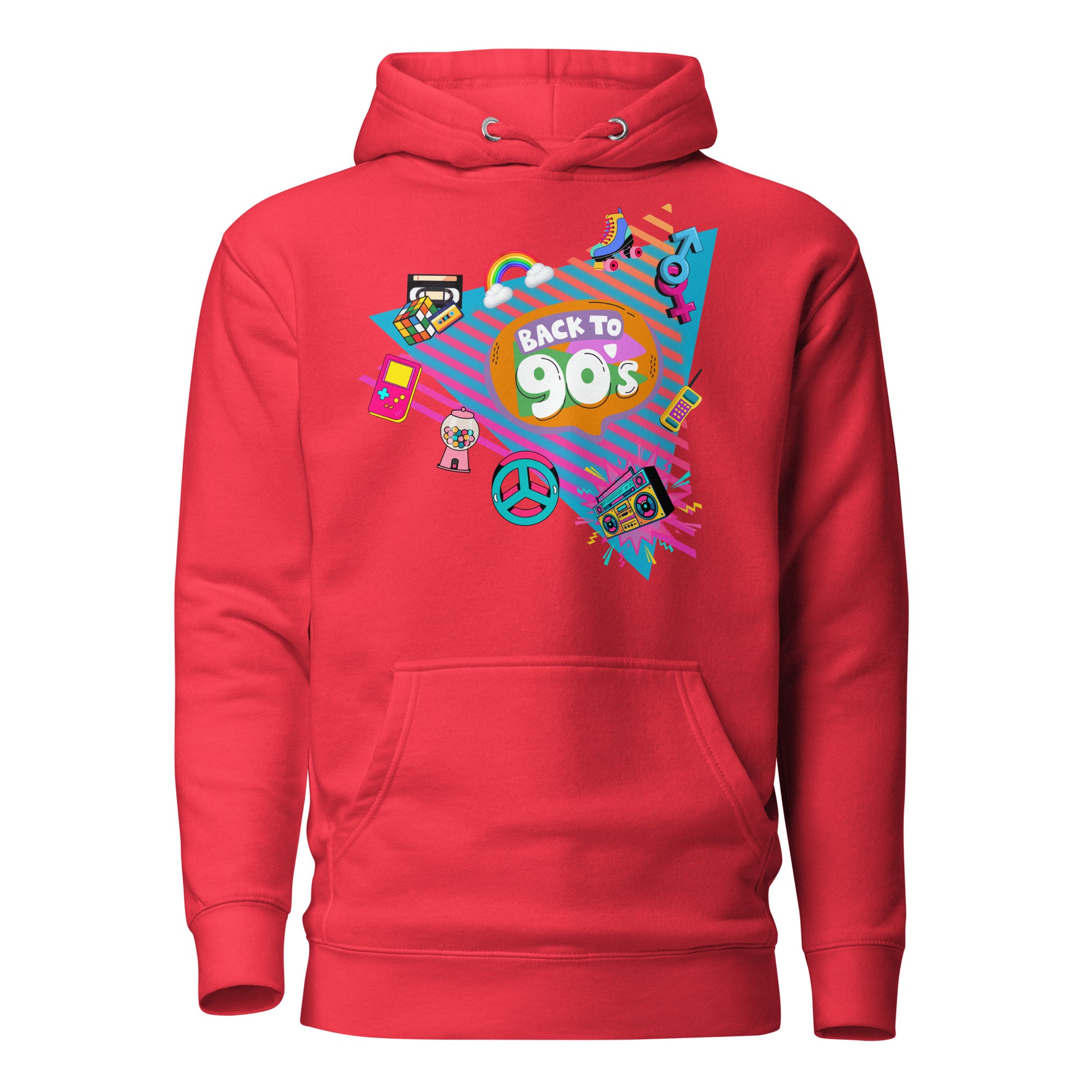 Back to 90s retro unisex graphic hoodie with colorful vintage design – Hipyfi Clothes & Design. team-red-front-2