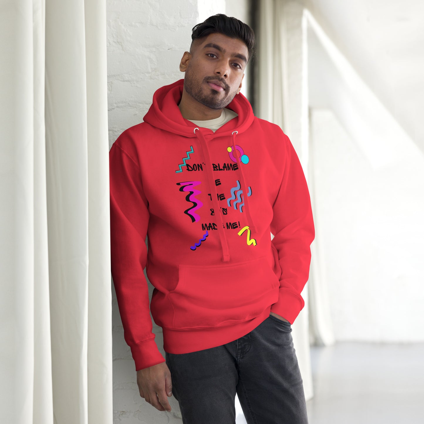 Retro 80s unisex graphic hoodie with colorful abstract design – Don’t Blame Me slogan by Hipyfi Clothes & Design. team-red-front