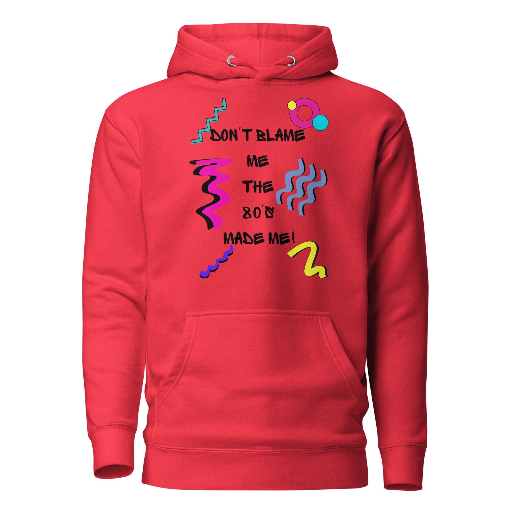 Retro 80s unisex graphic hoodie with colorful abstract design – Don’t Blame Me slogan by Hipyfi Clothes & Design. team-red-front-2