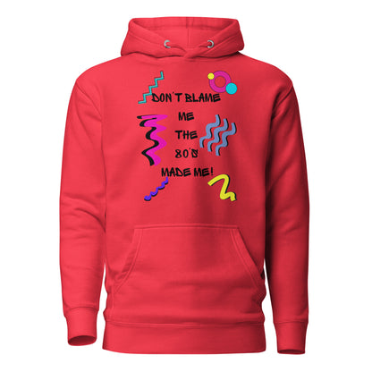 Retro 80s unisex graphic hoodie with colorful abstract design – Don’t Blame Me slogan by Hipyfi Clothes & Design. team-red-front-2