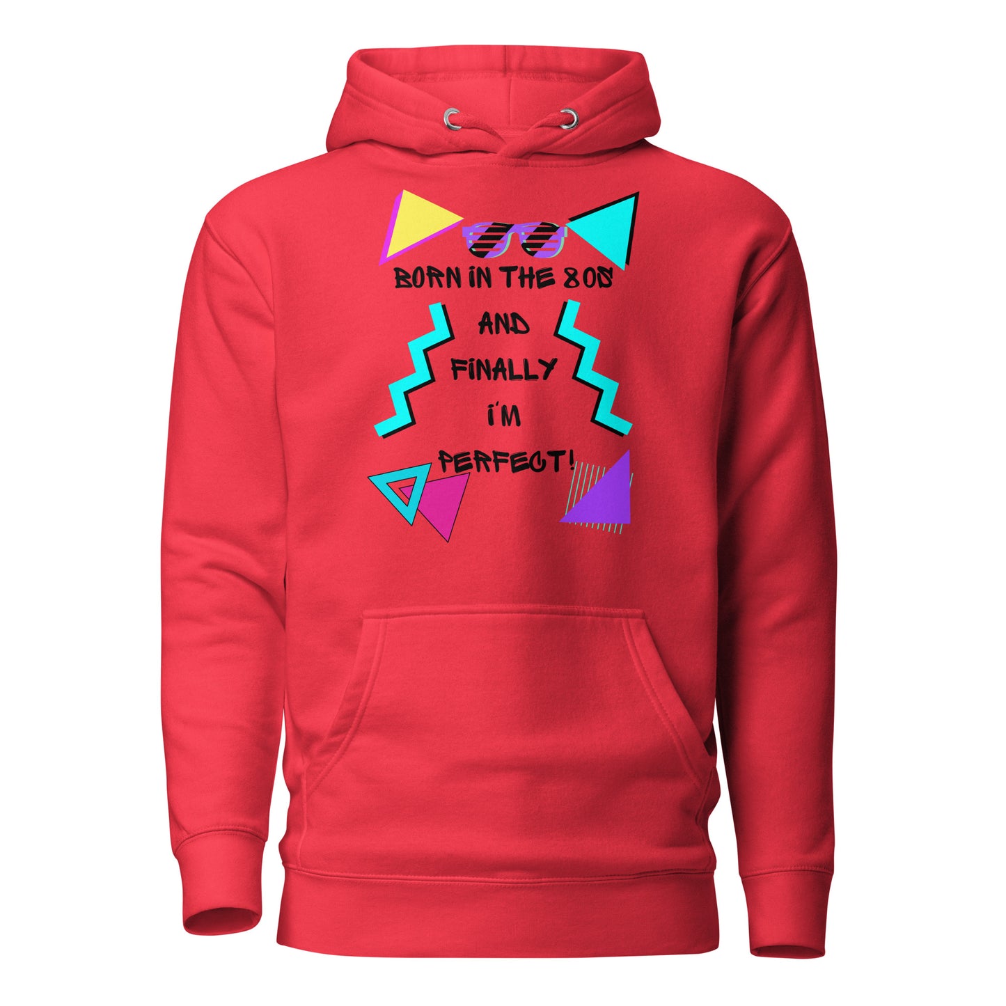 Hipyfi Premium 80s Neon Graphic Hoodie – Unisex Retro Pop Culture Design, Vibrant 80s-inspired geometric graphics. team-red-front-2