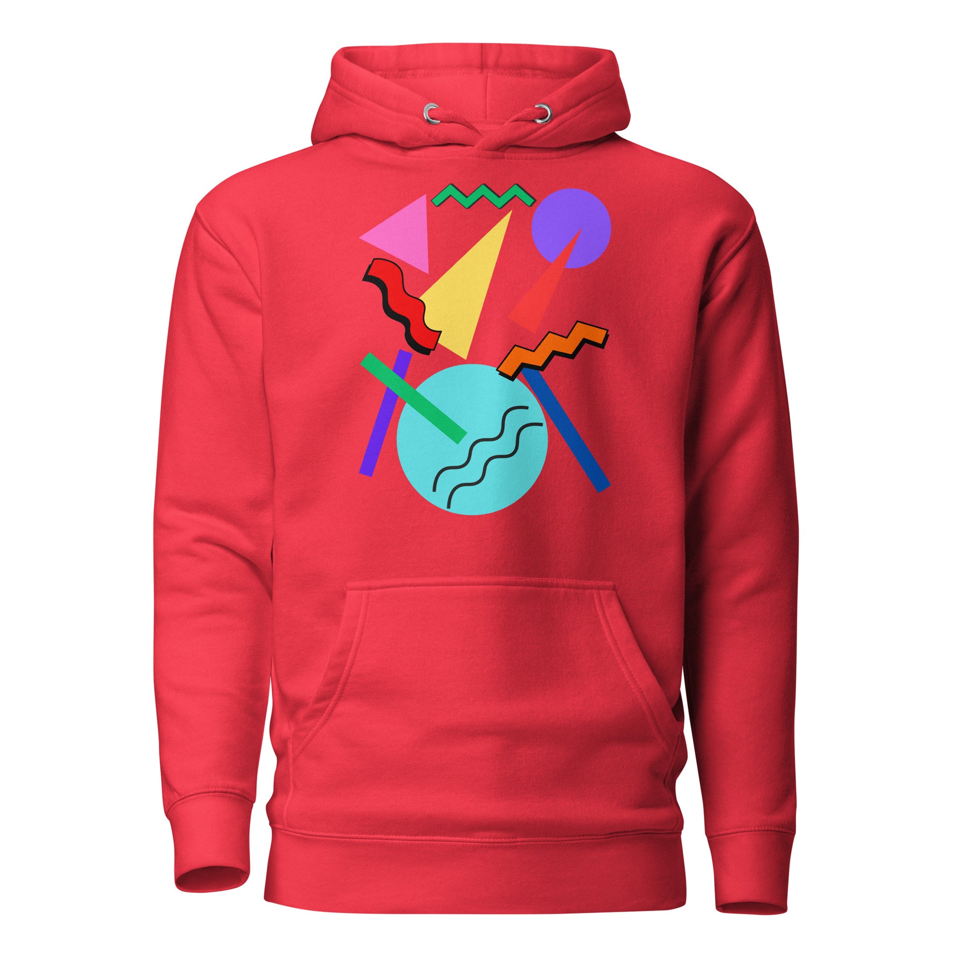 Retro Pop Memphis Hoodie with colorful geometric abstract design – unisex streetwear by Hipyfi Clothes & Design. team-red-front-2