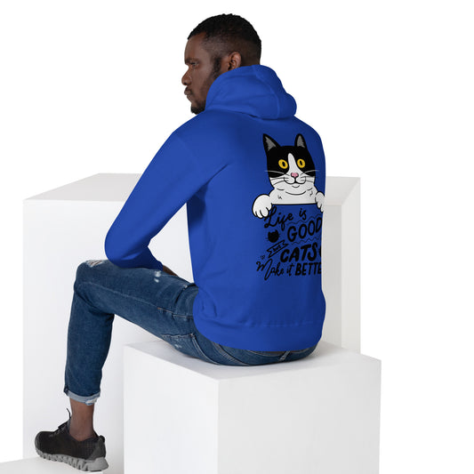 Unisex premium cat hoodie with cartoon black-and-white cat and “Life is Better With Cats” quote – Hipyfi Clothes & Design. team-royal-back
