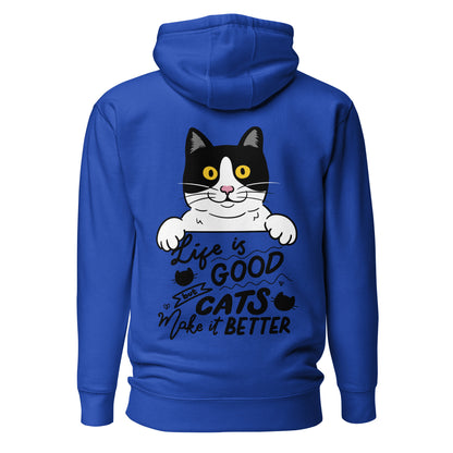 Unisex premium cat hoodie with cartoon black-and-white cat and “Life is Better With Cats” quote – Hipyfi Clothes & Design. team-royal-back-2