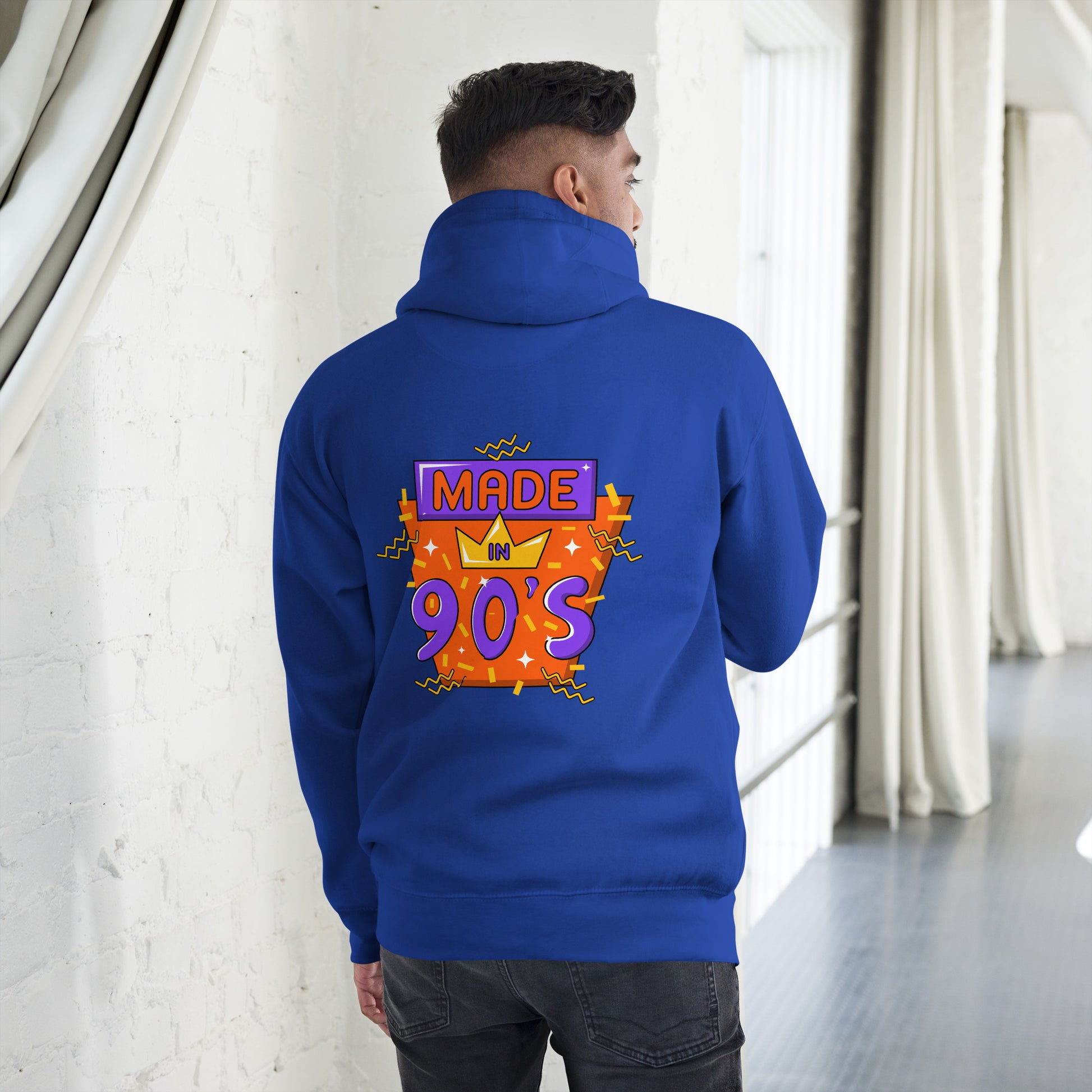 Back to 90s retro unisex graphic hoodie with colorful vintage design – Hipyfi Clothes & Design. team-royal-back