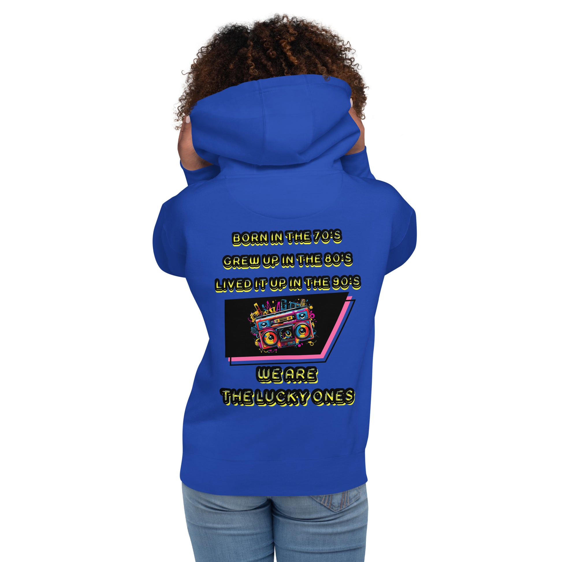Retro graphic unisex hoodie with 70s 80s 90s boombox design by Hipyfi – vintage streetwear style. team-royal-back