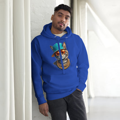 Unisex streetwear hoodie with urban cat graphic, teal cap, gold chains, and graffiti-style design – Hipyfi Clothes & Design. team-royal-front