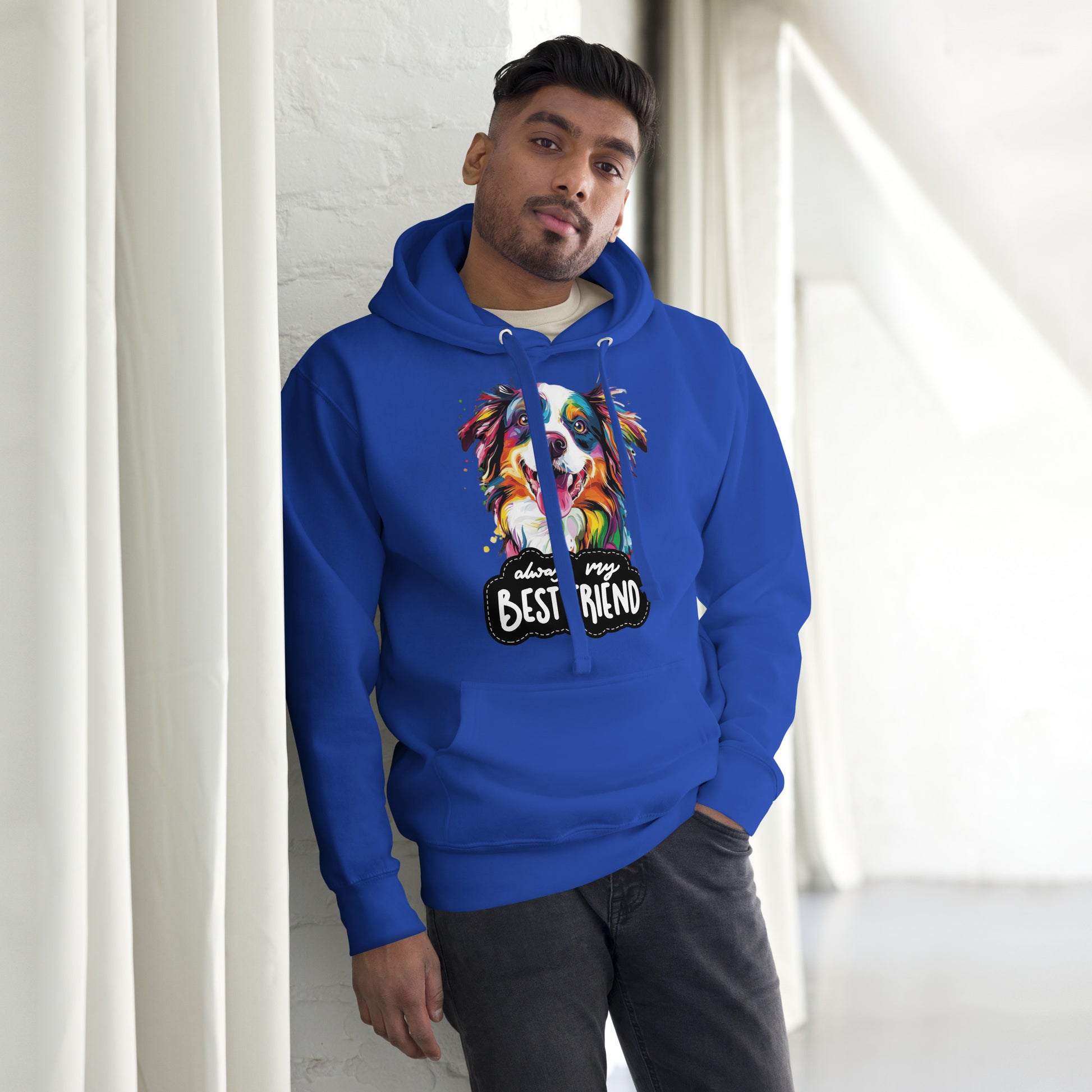 Colorful pop art dog hoodie with 'Always My Best Friend' design – unisex streetwear by Hipyfi. team-royal-front