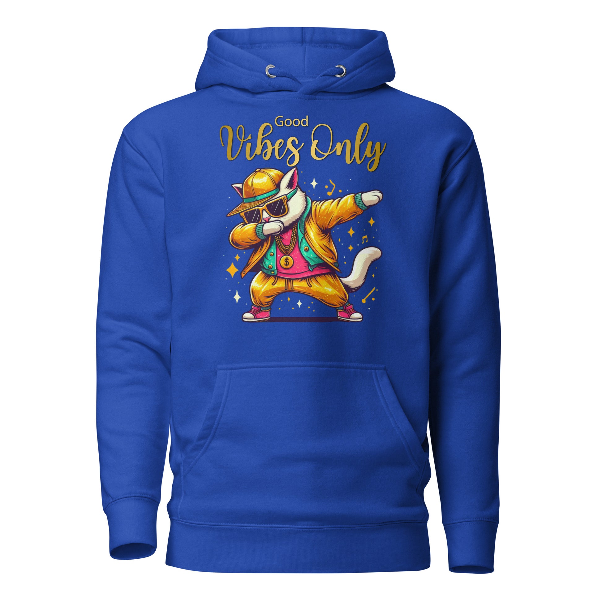 Unisex Good Vibes Cat Hoodie featuring a dabbing cat in hip-hop streetwear – premium graphic hoodie by Hipyfi Clothes & Design. team-royal-front-2