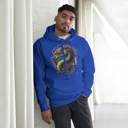 Unisex premium hoodie with Chinese dragon design – streetwear graphic by Hipyfi Clothes & Design. team-royal-front