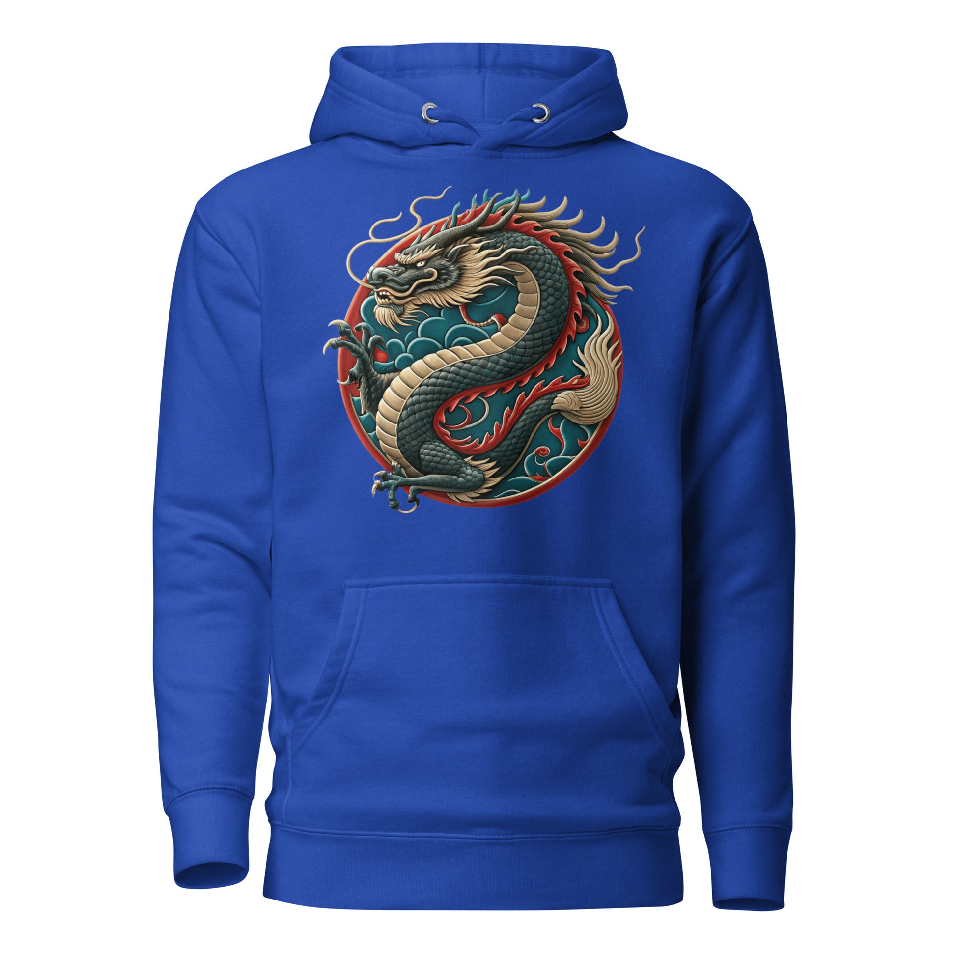 Unisex premium hoodie with Chinese dragon design – streetwear graphic by Hipyfi Clothes & Design. team-royal-front-2
