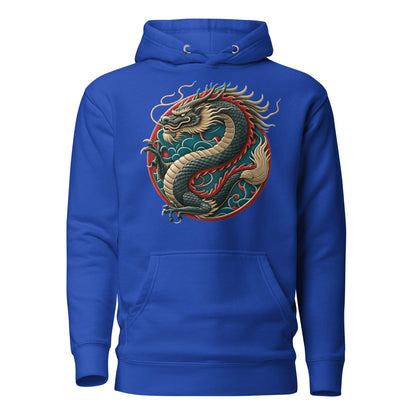 Unisex premium hoodie with Chinese dragon design – streetwear graphic by Hipyfi Clothes & Design. team-royal-front-2