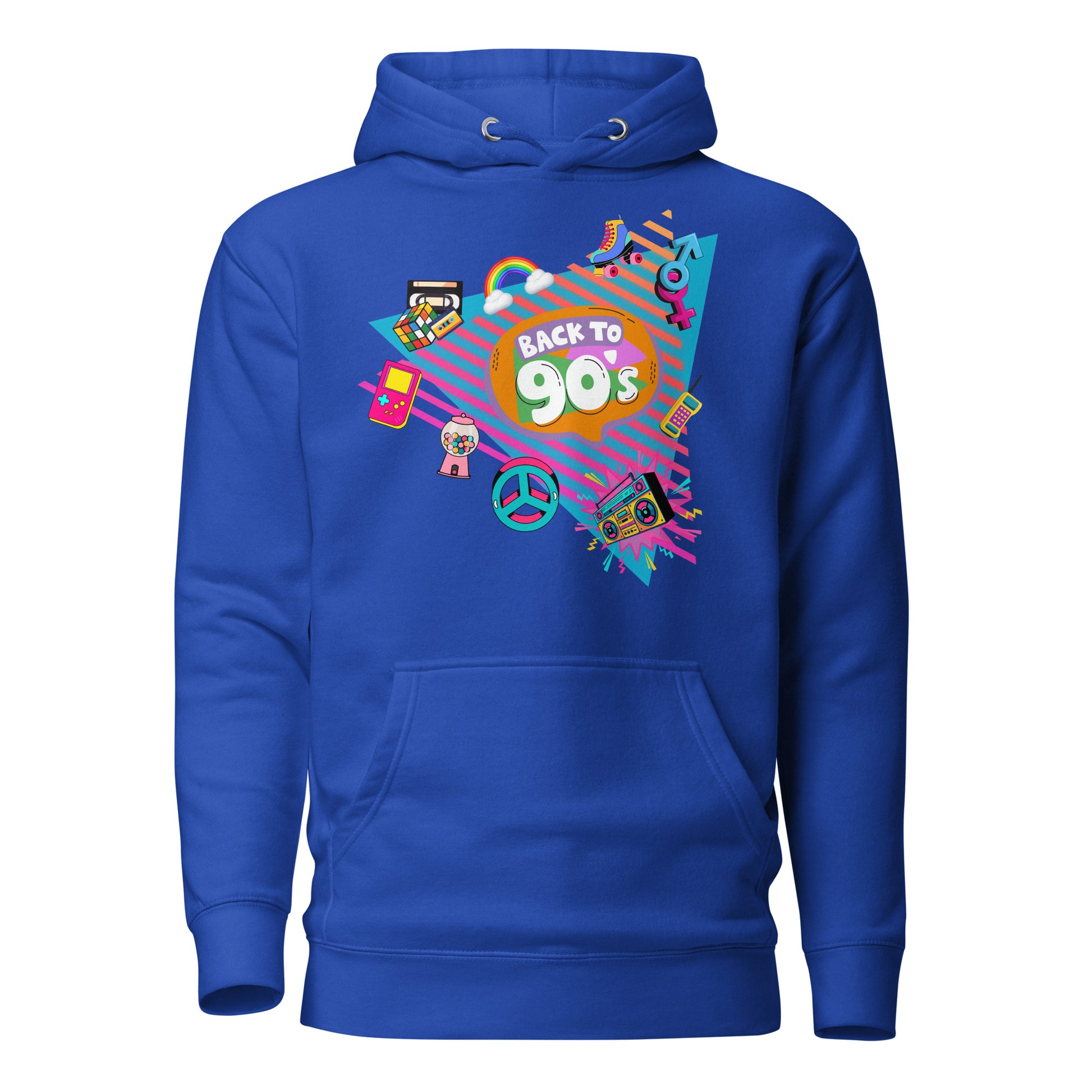 Back to 90s retro unisex graphic hoodie with colorful vintage design – Hipyfi Clothes & Design. team-royal-front-2