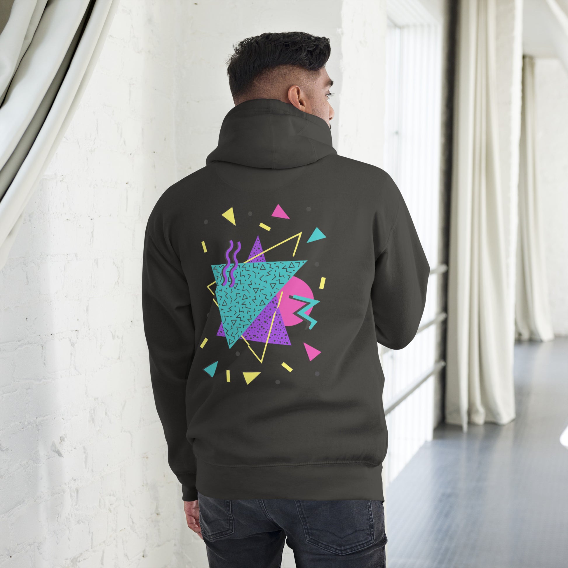 Retro Pop Memphis Hoodie with colorful geometric abstract design – unisex streetwear by Hipyfi Clothes & Design. vintage-black-back