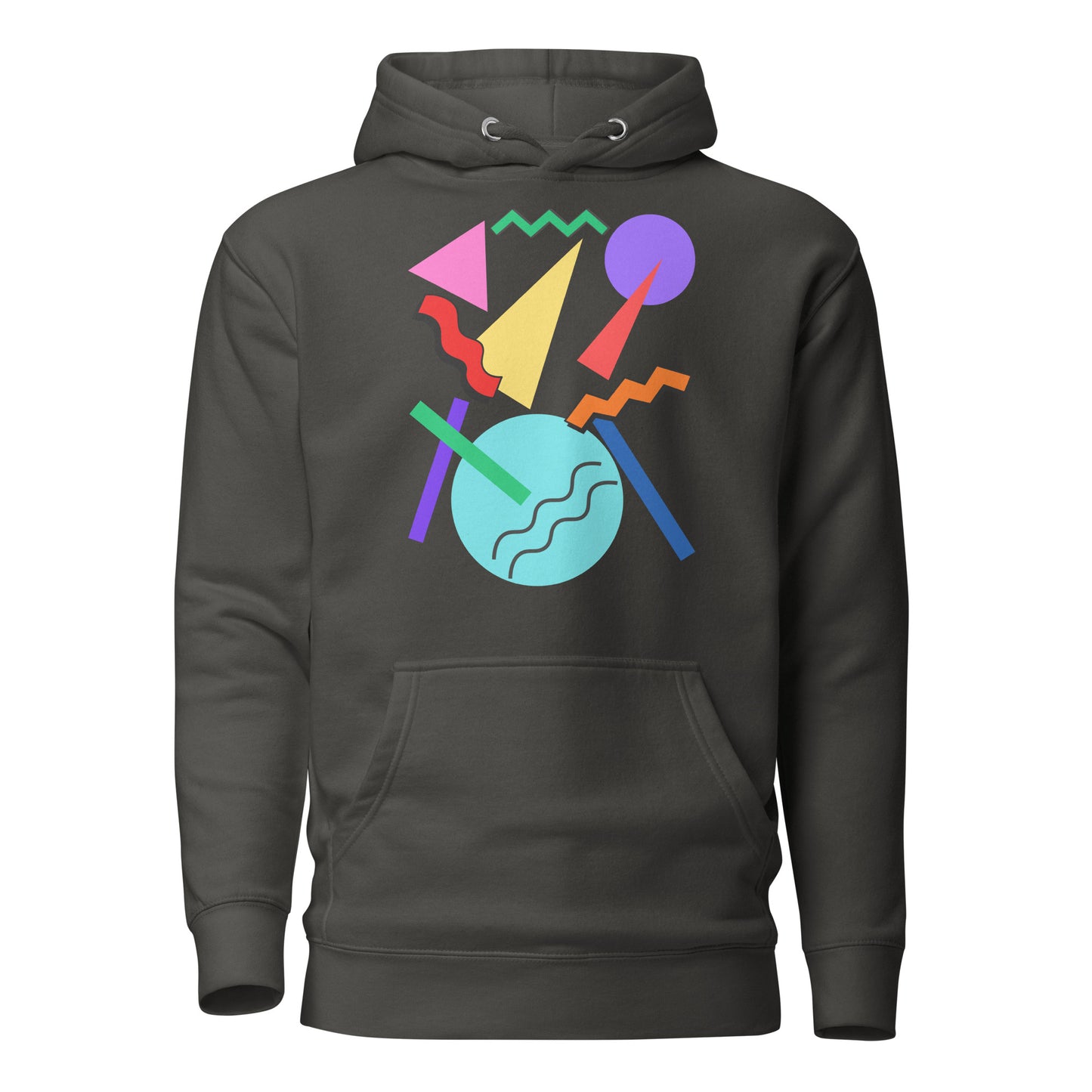 Retro Pop Memphis Hoodie with colorful geometric abstract design – unisex streetwear by Hipyfi Clothes & Design. vintage-black-front-2