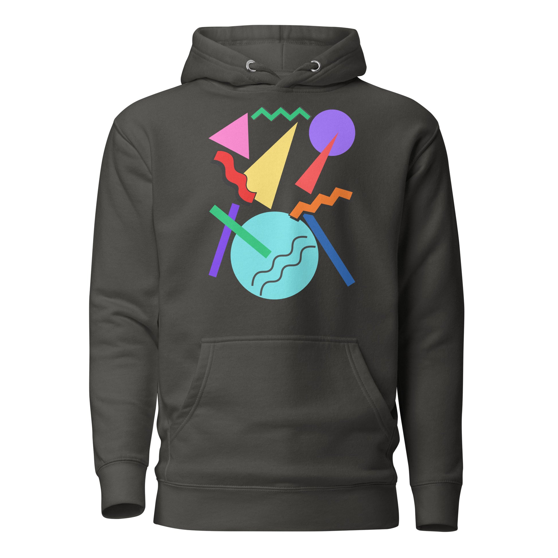 Retro Pop Memphis Hoodie with colorful geometric abstract design – unisex streetwear by Hipyfi Clothes & Design. vintage-black-front-2