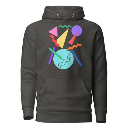 Retro Pop Memphis Hoodie with colorful geometric abstract design – unisex streetwear by Hipyfi Clothes & Design. vintage-black-front-2