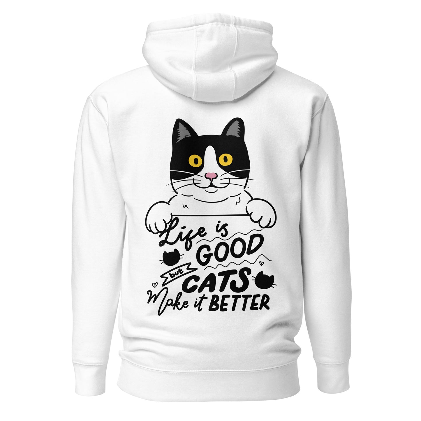 Unisex premium cat hoodie with cartoon black-and-white cat and “Life is Better With Cats” quote – Hipyfi Clothes & Design. white-back-2