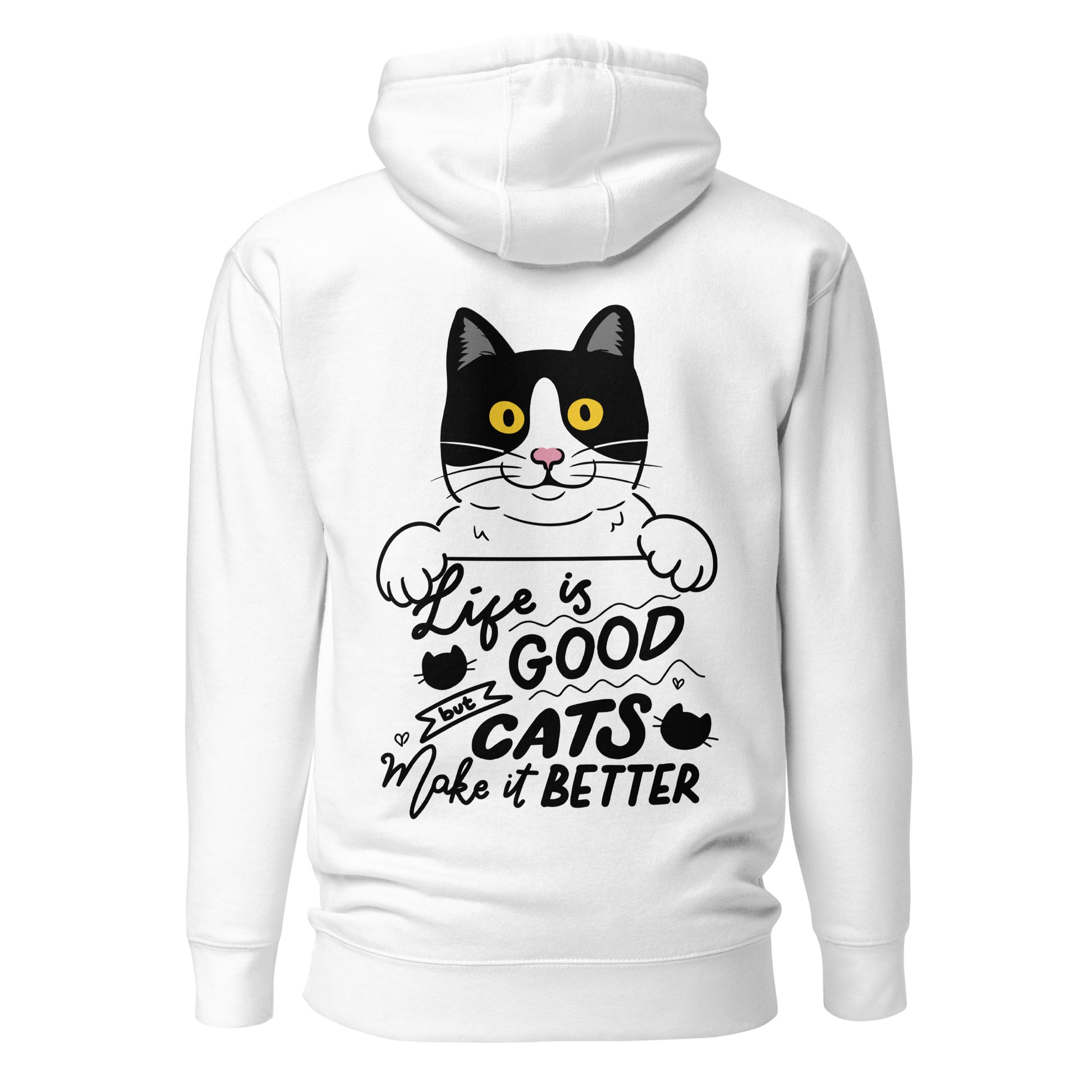 Unisex premium cat hoodie with cartoon black-and-white cat and “Life is Better With Cats” quote – Hipyfi Clothes & Design. white-back-2