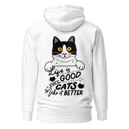 Unisex premium cat hoodie with cartoon black-and-white cat and “Life is Better With Cats” quote – Hipyfi Clothes & Design. white-back-2