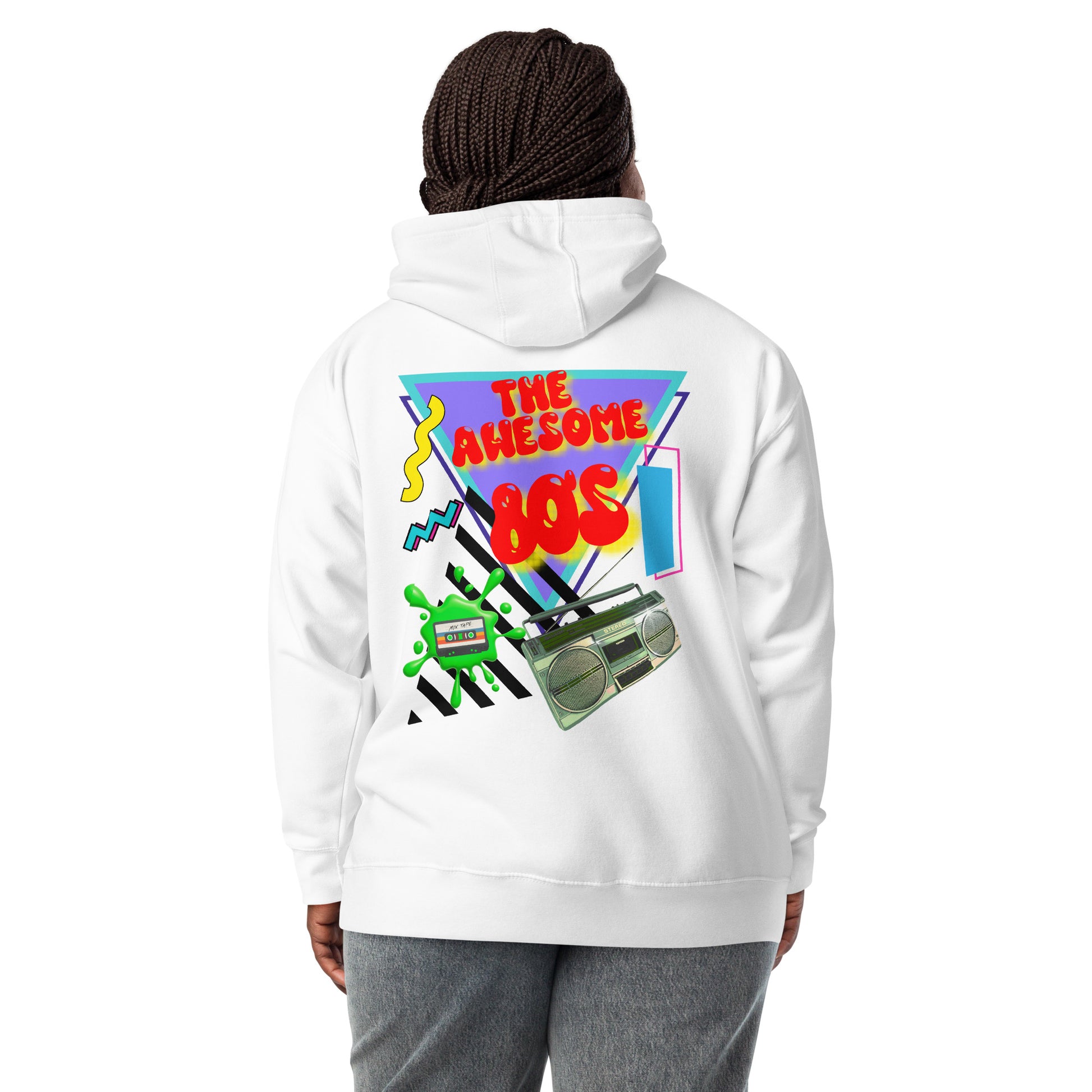 Hipyfi Premium 80s Neon Graphic Hoodie – Unisex Retro Pop Culture Design, Vibrant 80s-inspired geometric graphics. white-back