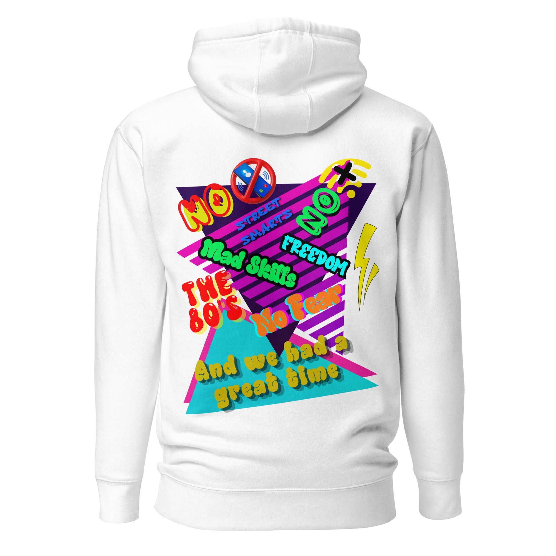 Unisex retro 80s graffiti hoodie with neon colors and streetwear design by Hipyfi Clothes & Design white-back-2
