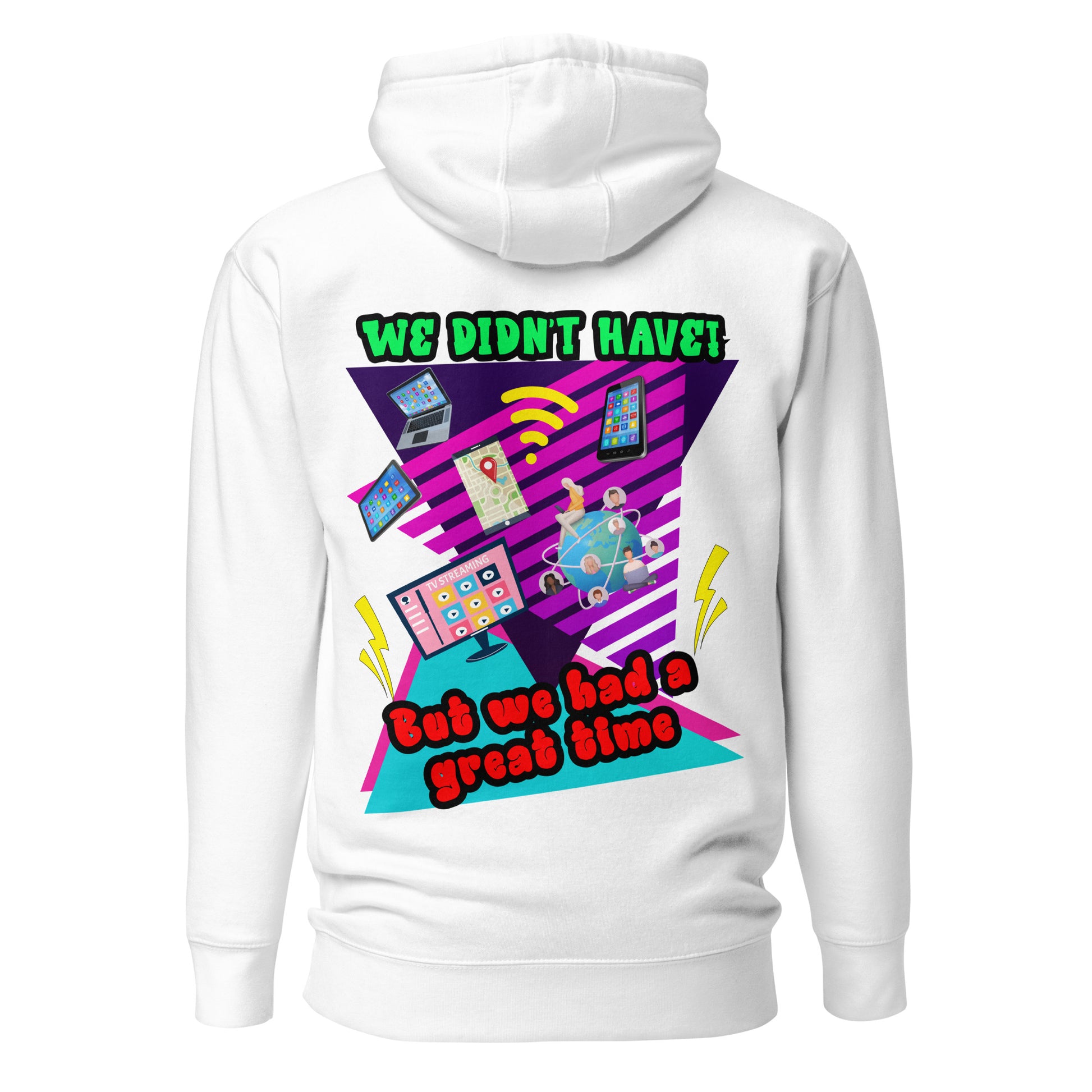 Unisex 80s retro hoodie with bold neon graphic and “Don’t Blame Me, The 80s Made Me” text – Hipyfi streetwear style. white-back-2