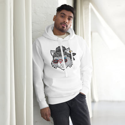Street Cat Unisex Hoodie featuring cartoon bandana cat graphic – Hipyfi Clothes & Design streetwear. white-front