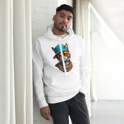 Unisex streetwear hoodie with urban cat graphic, teal cap, gold chains, and graffiti-style design – Hipyfi Clothes & Design. white-front