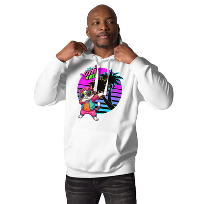 Unisex retro neon graphic hoodie with dabbing cat and Good Vibes text – Hipyfi streetwear. white-front