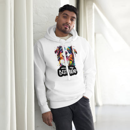 Colorful pop art dog hoodie with 'Always My Best Friend' design – unisex streetwear by Hipyfi. white-front